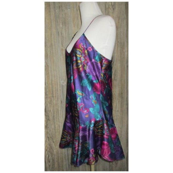 Vintage 80s California Miss Paisley Print Lingerie Dress Sz M Teal Purple Satin - Picture 2 of 13